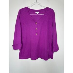 J Jill Henley Top Waffle Knit Cotton Rolled Cuff Purple Large